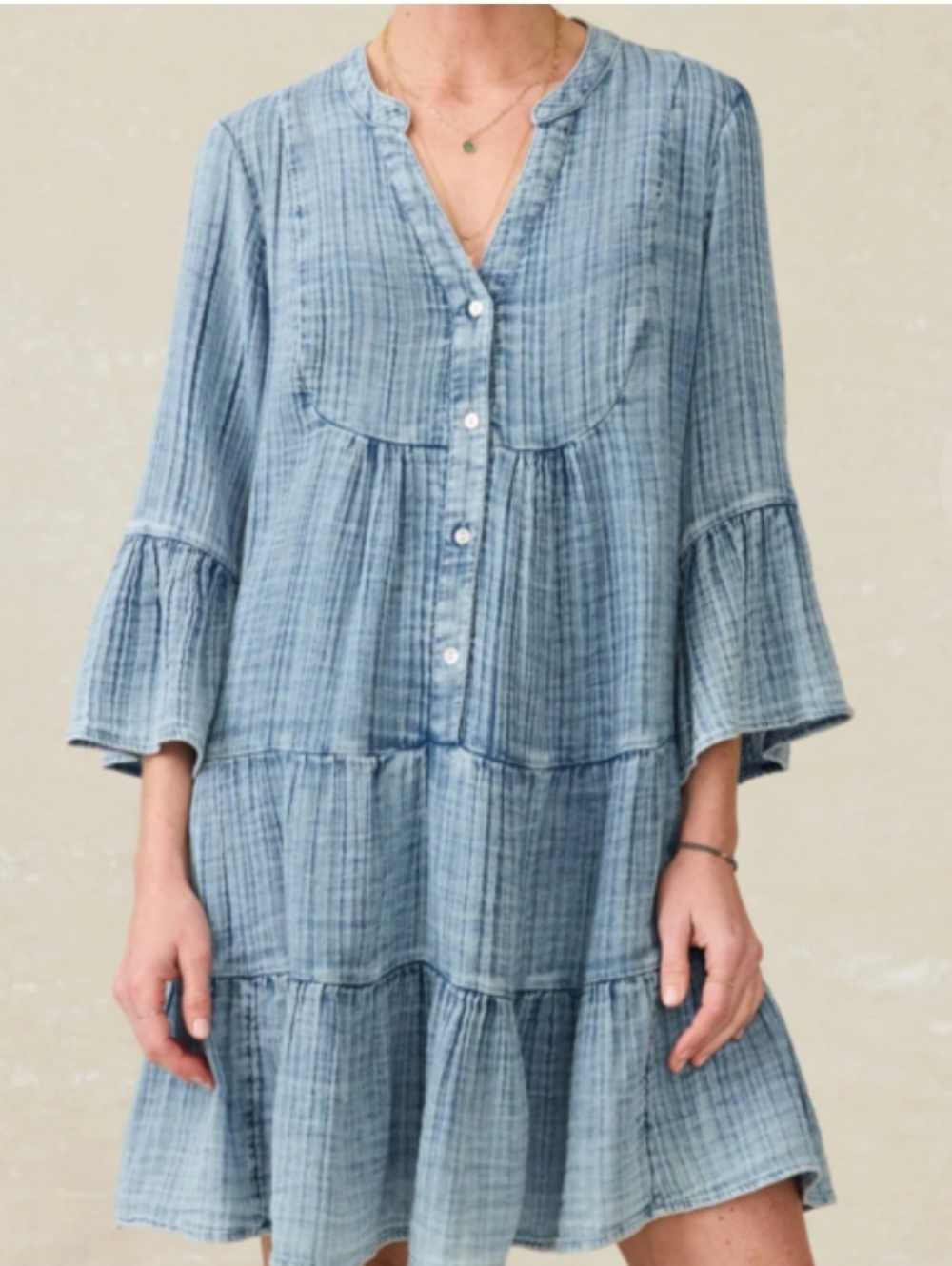 Faherty Kasey Cotton  Light Blue Crinkled Tiered Button Front Tunic Dress M